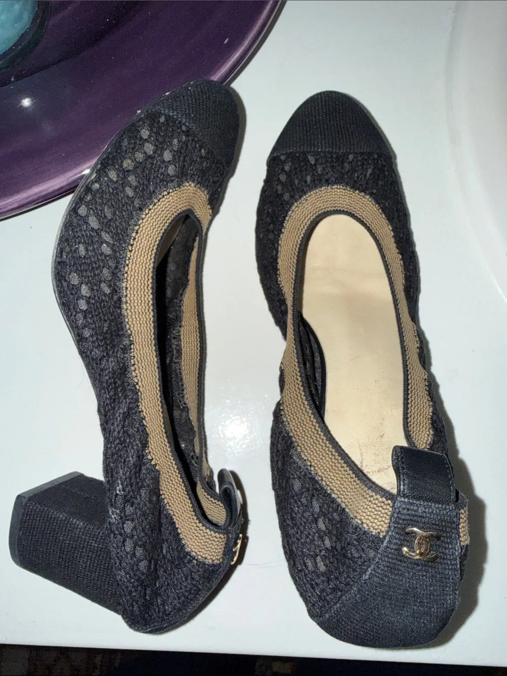 AUTHENTIC Chanel Black Lace Ballet Flats with Gold Accent - Women's Shoes